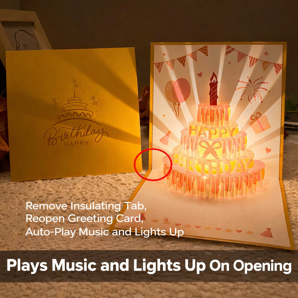 Light-Up Musical 3D Pop-Up Birthday Card – Glowing Cake Design with Recordable Voice Message, Luxury Keepsake