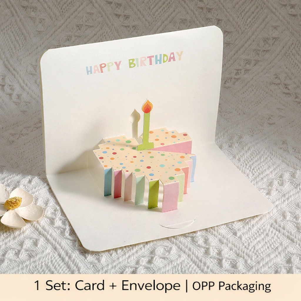 Minimalist 3D Pop-Up Birthday Card – Colourful Foldable Cake Design, Premium Greeting Card (Blank Inside)