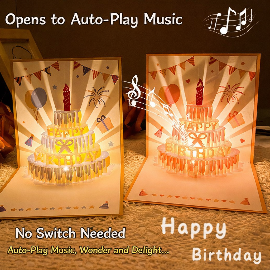 Light-Up Musical 3D Pop-Up Birthday Card – Glowing Cake Design with Recordable Voice Message, Luxury Keepsake