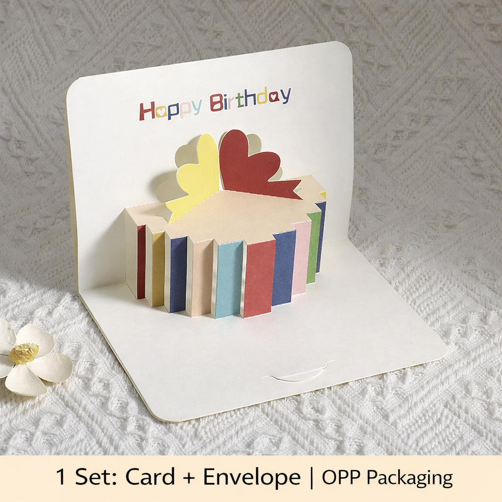 Minimalist 3D Pop-Up Birthday Card – Colourful Foldable Cake Design, Premium Greeting Card (Blank Inside)