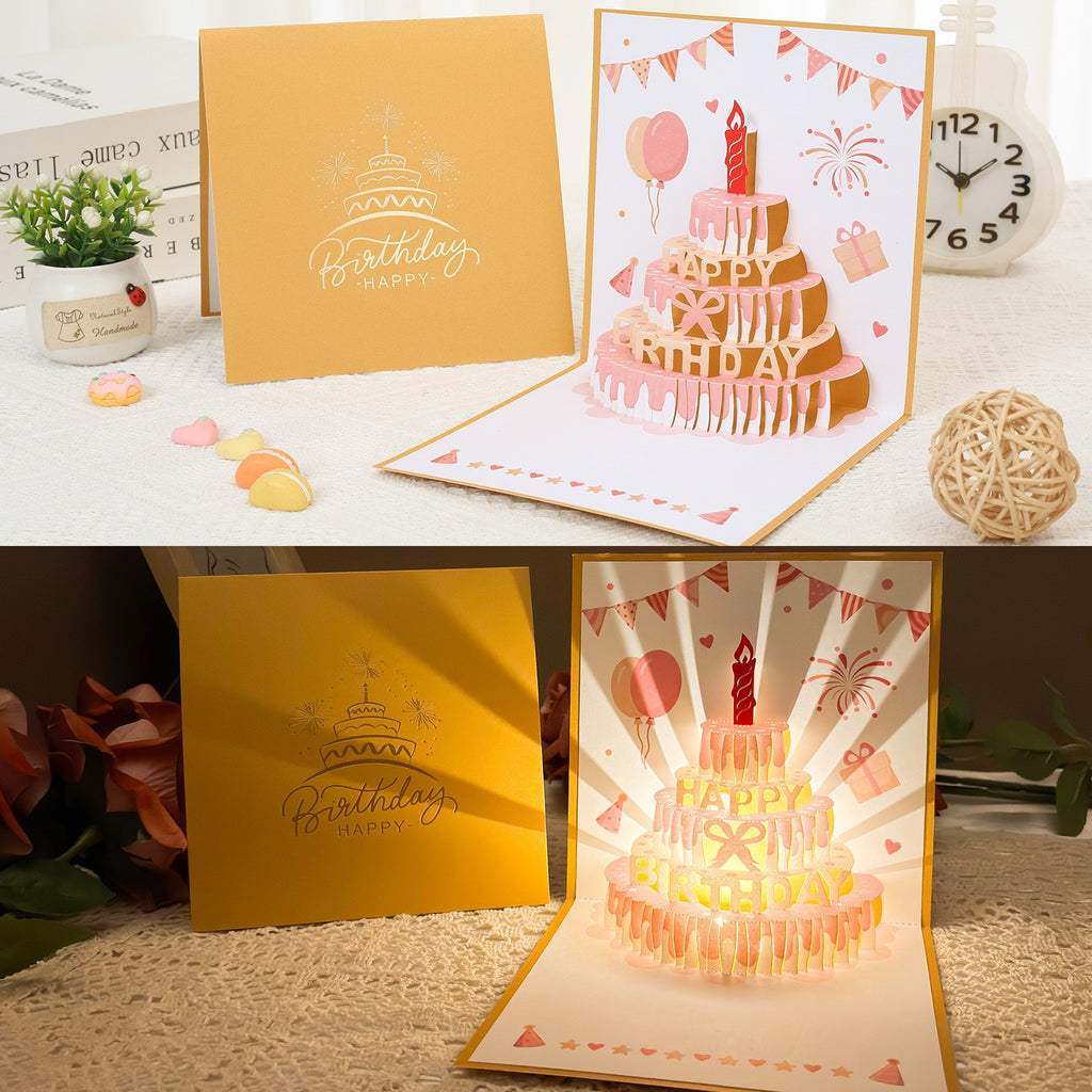 Light-Up Musical 3D Pop-Up Birthday Card – Glowing Cake Design with Recordable Voice Message, Luxury Keepsake