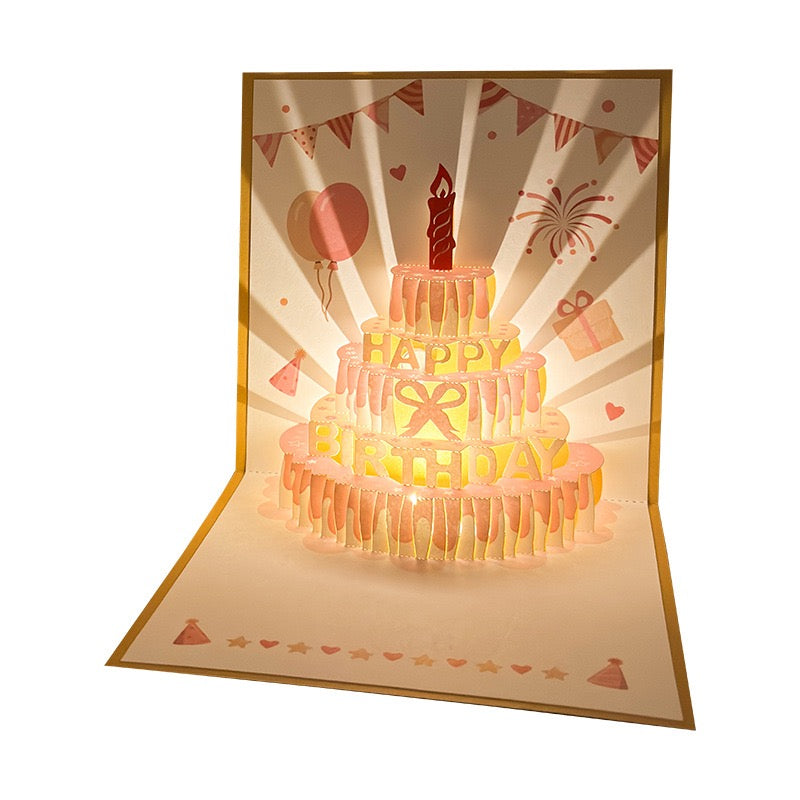 Light-Up Musical 3D Pop-Up Birthday Card – Glowing Cake Design with Recordable Voice Message, Luxury Keepsake
