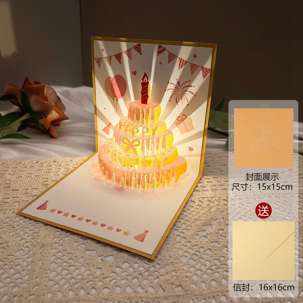 Light-Up Musical 3D Pop-Up Birthday Card – Glowing Cake Design with Recordable Voice Message, Luxury Keepsake