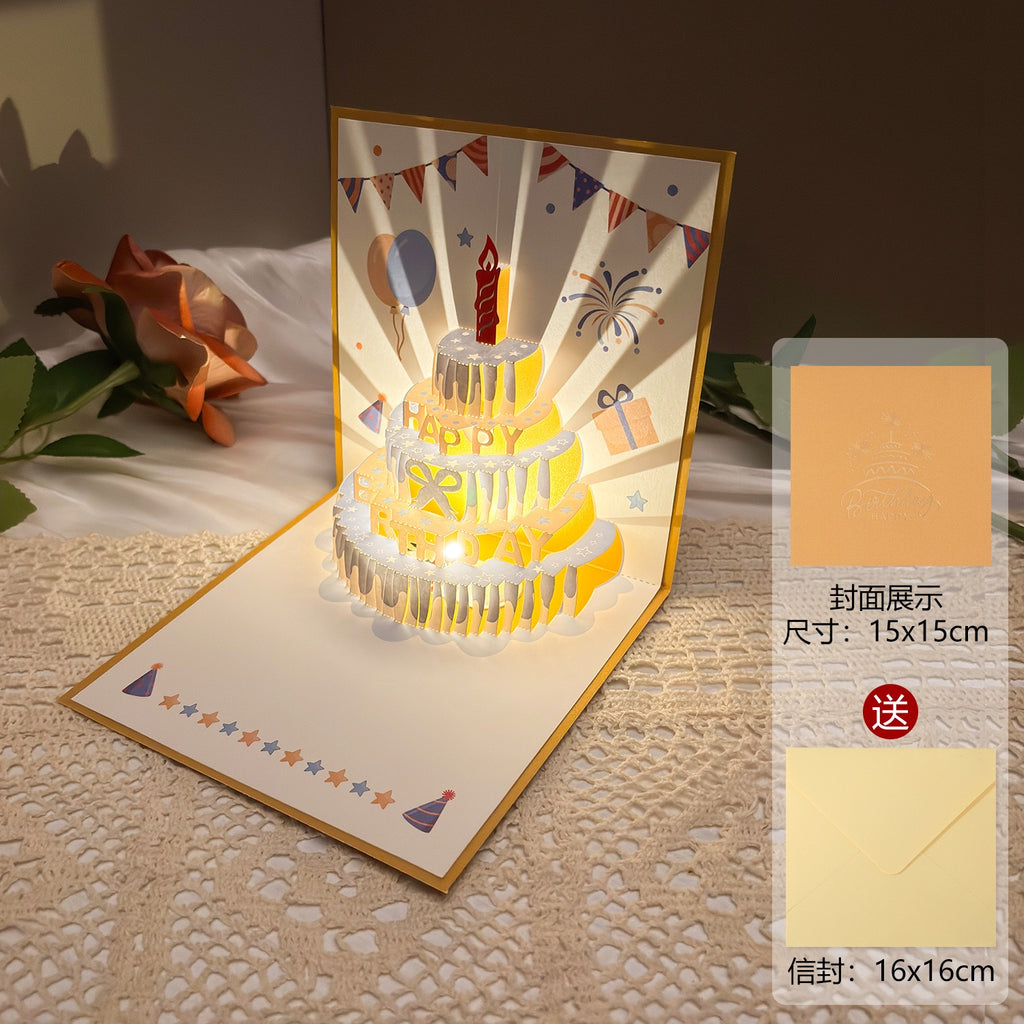 Light-Up Musical 3D Pop-Up Birthday Card – Glowing Cake Design with Recordable Voice Message, Luxury Keepsake