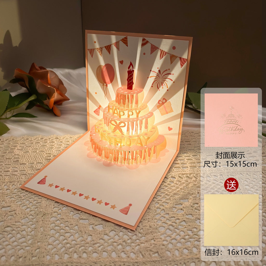 Light-Up Musical 3D Pop-Up Birthday Card – Glowing Cake Design with Recordable Voice Message, Luxury Keepsake