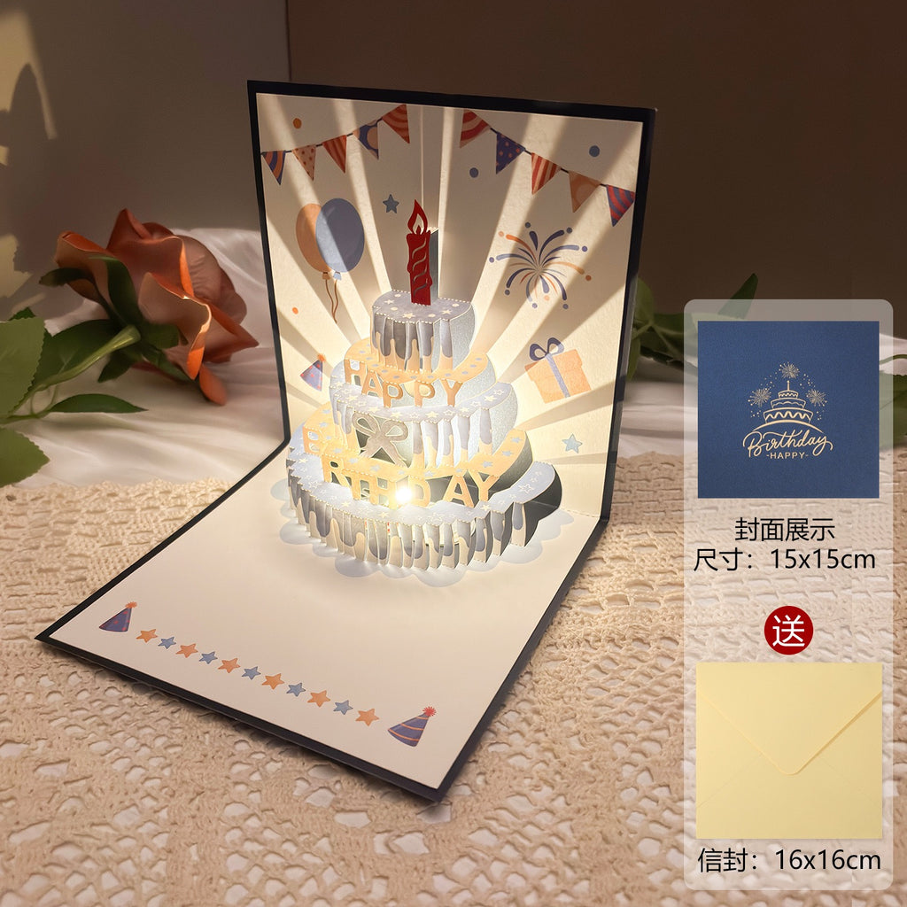 Light-Up Musical 3D Pop-Up Birthday Card – Glowing Cake Design with Recordable Voice Message, Luxury Keepsake