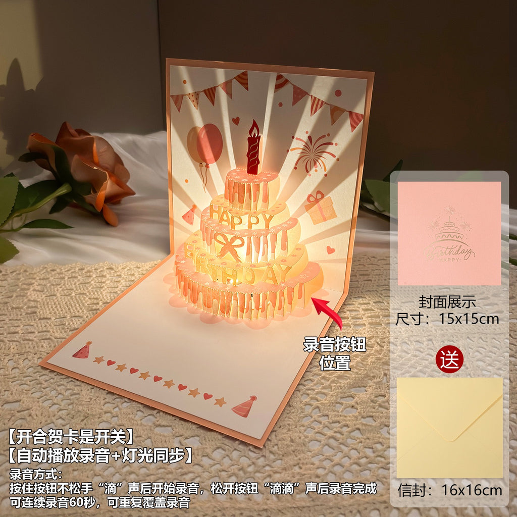 Light-Up Musical 3D Pop-Up Birthday Card – Glowing Cake Design with Recordable Voice Message, Luxury Keepsake