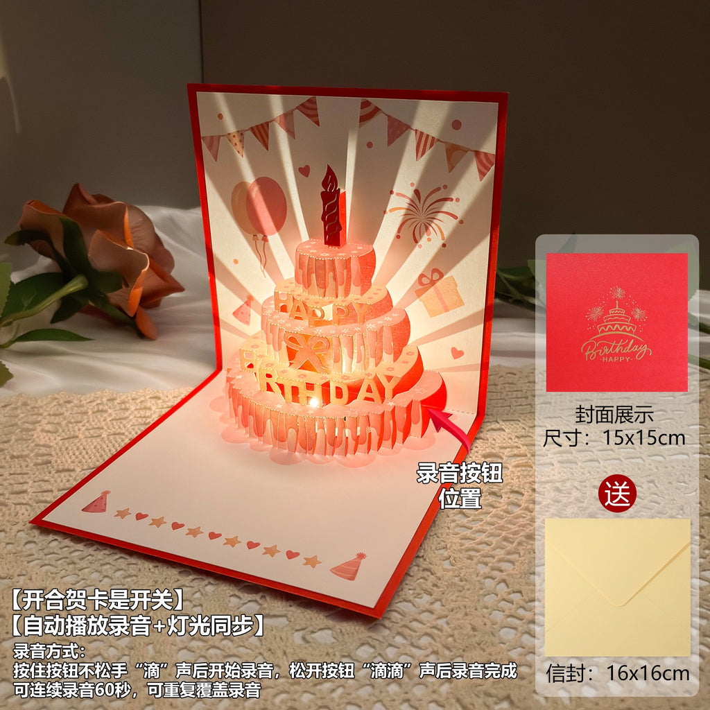 Light-Up Musical 3D Pop-Up Birthday Card – Glowing Cake Design with Recordable Voice Message, Luxury Keepsake