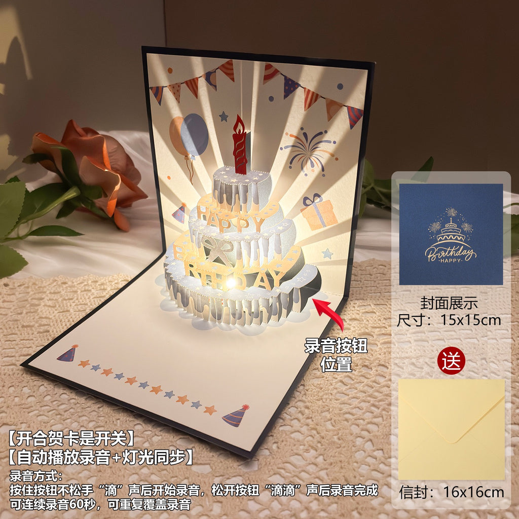 Light-Up Musical 3D Pop-Up Birthday Card – Glowing Cake Design with Recordable Voice Message, Luxury Keepsake