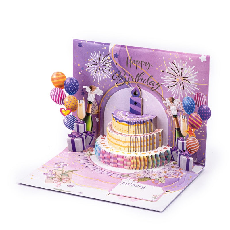 New Light-Up Musical Pop-Up Birthday Card – 3D Cake with Blow-to-Activate Balloons, Novelty Luxury Keepsake