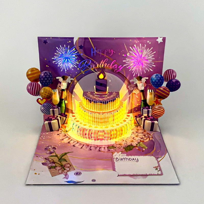New Light-Up Musical Pop-Up Birthday Card – 3D Cake with Blow-to-Activate Balloons, Novelty Luxury Keepsake