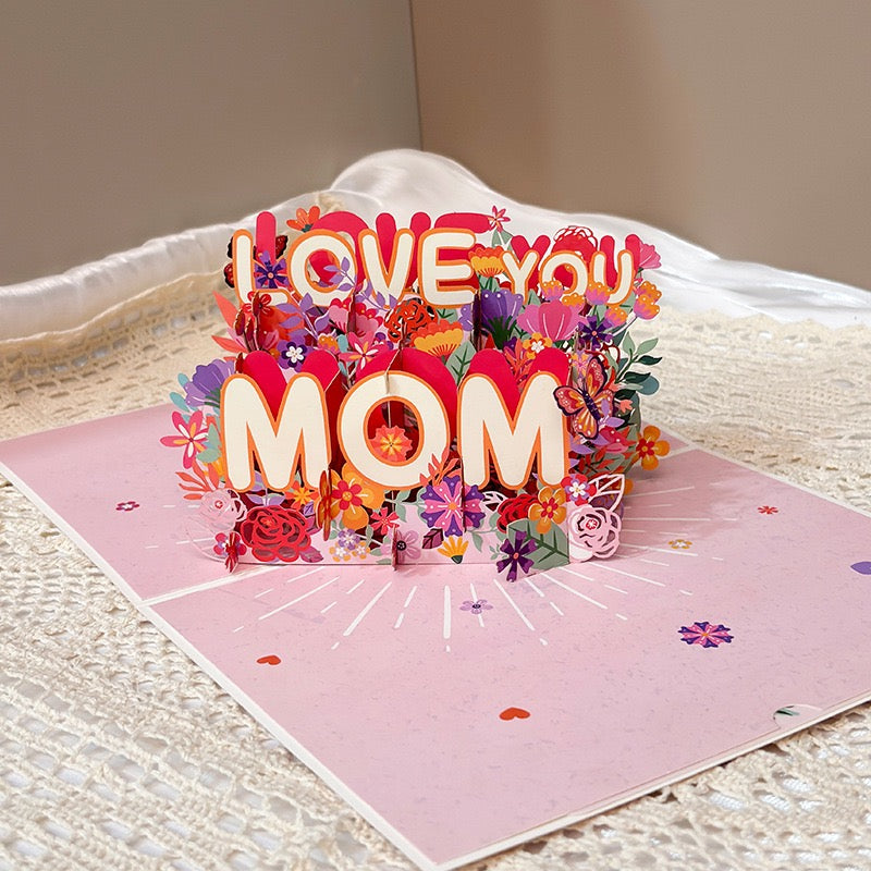 3D Pop-Up Mother’s Day Card “LOVE YOU MOM” – Paper-Cut Design with Mini Message Card, Keepsake Greeting Card