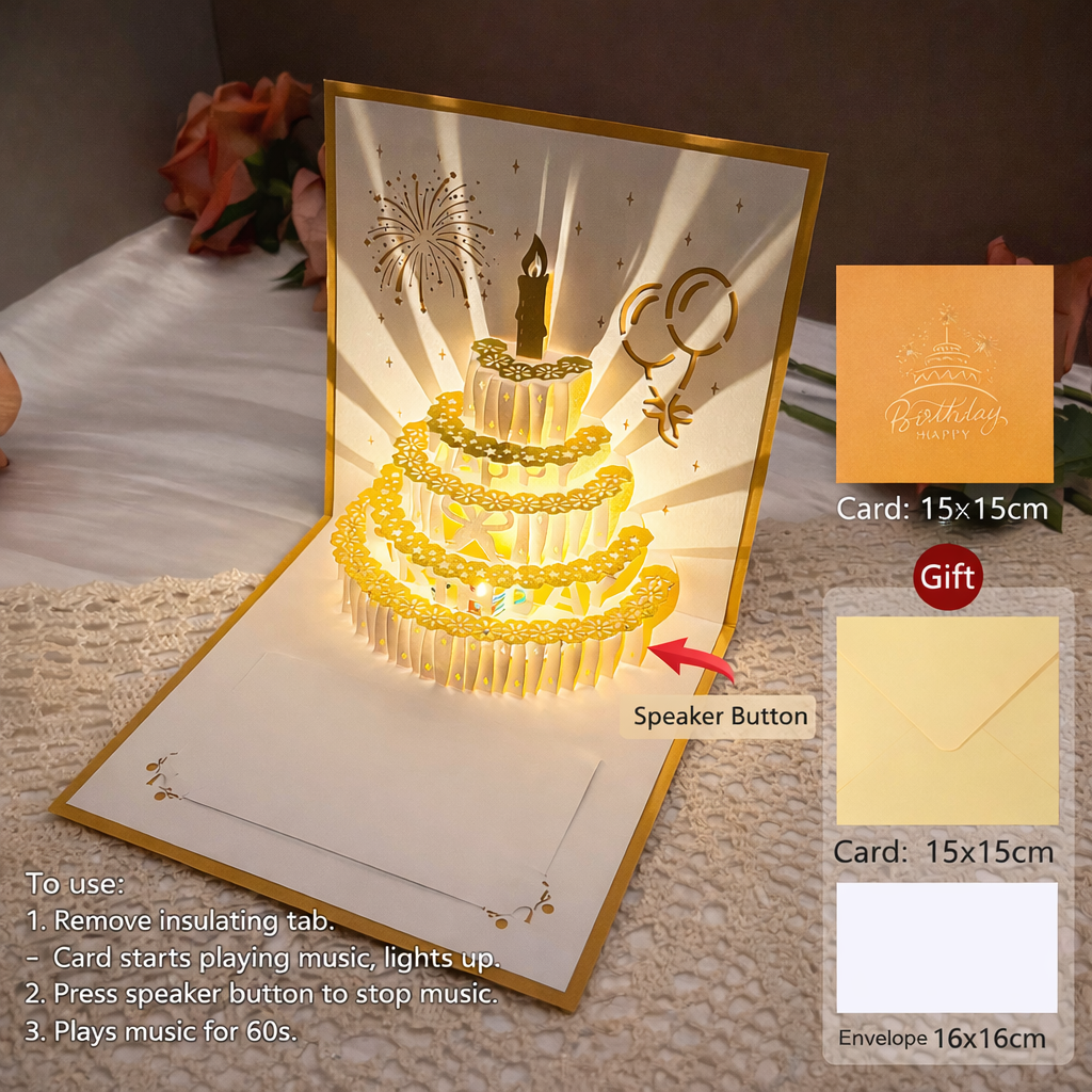 Light-Up Musical 3D Pop-Up Birthday Card – Glowing Cake Design with Recordable Voice Message, Luxury Keepsake