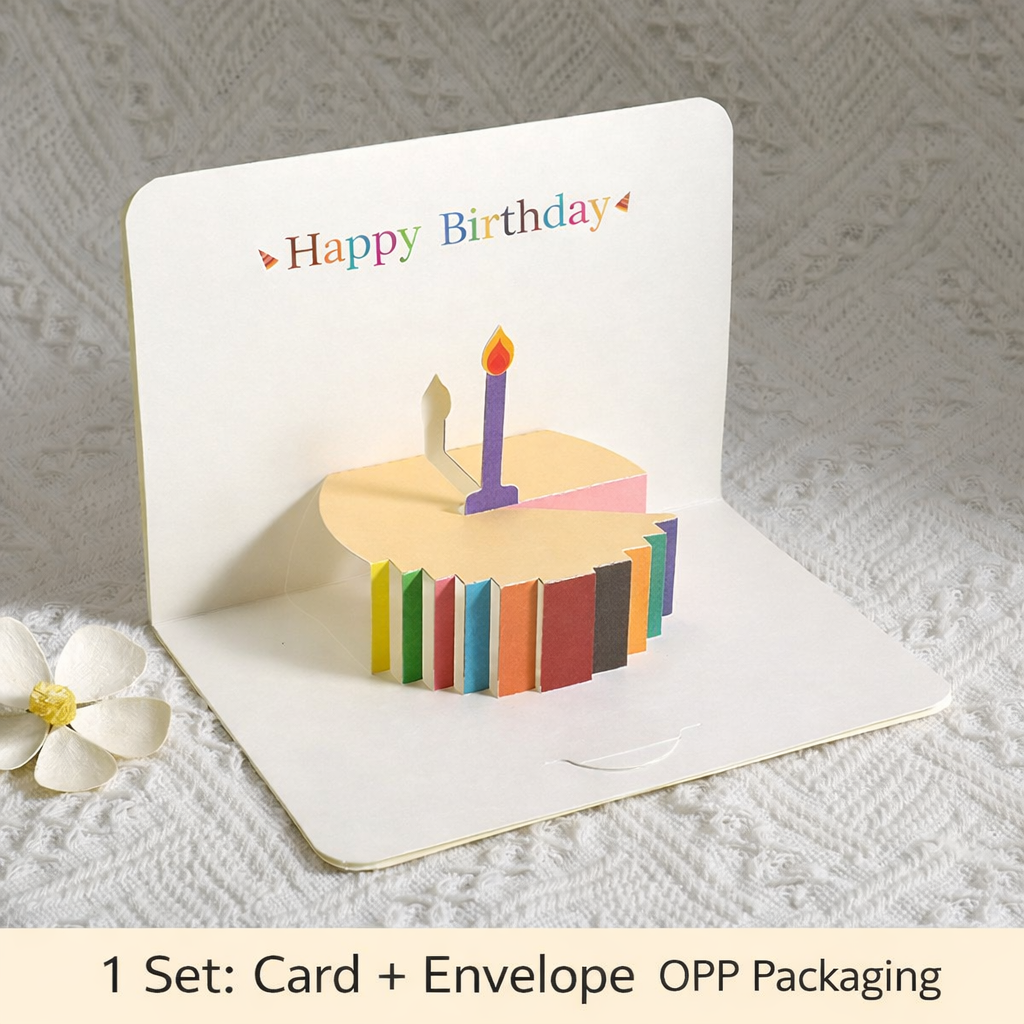 Minimalist 3D Pop-Up Birthday Card – Colourful Foldable Cake Design, Premium Greeting Card (Blank Inside)