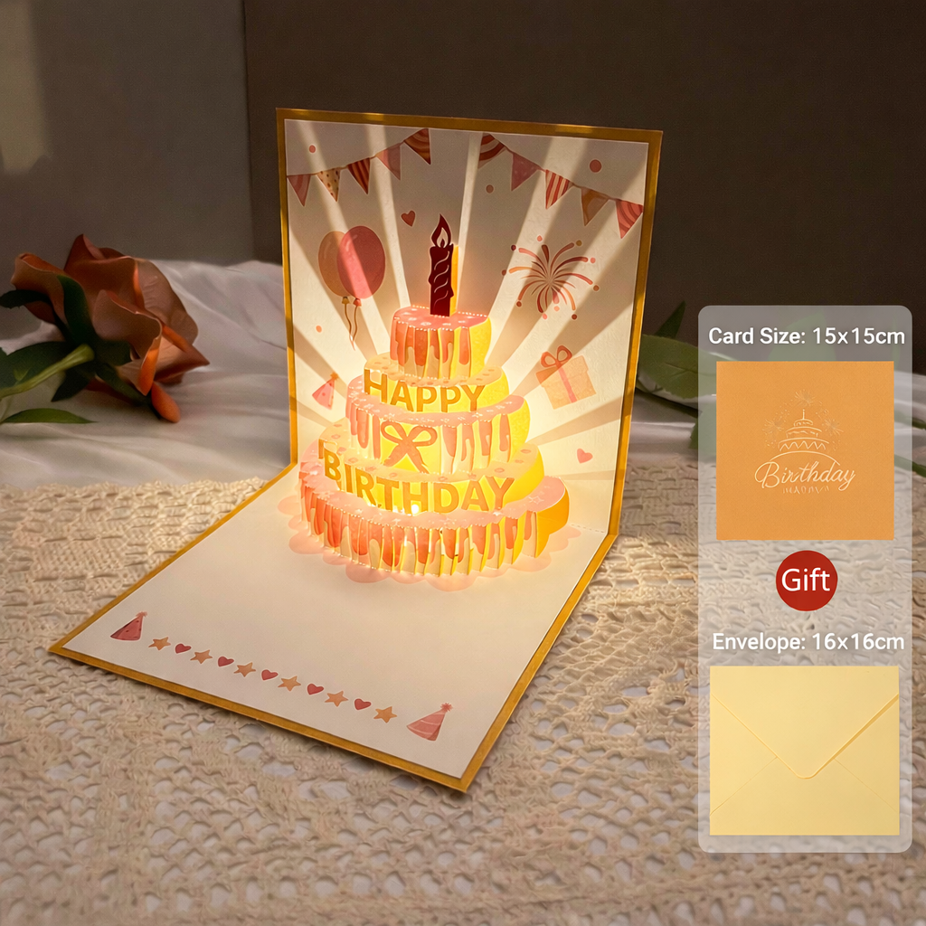Light-Up Musical 3D Pop-Up Birthday Card – Glowing Cake Design with Recordable Voice Message, Luxury Keepsake